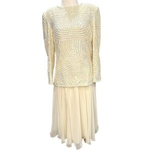Vintage 80s Joan Leslie 2 Pc Evening Dress Womens S Ivory Beaded Sequined Retro
